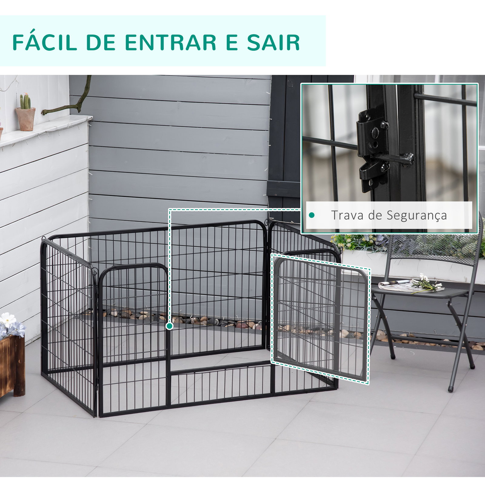 Parque para animais de estimação retangular gaiola para cães 4 paineis de metal com porta e dupla fechadura cerca de treinamento 129x84x70cm preto