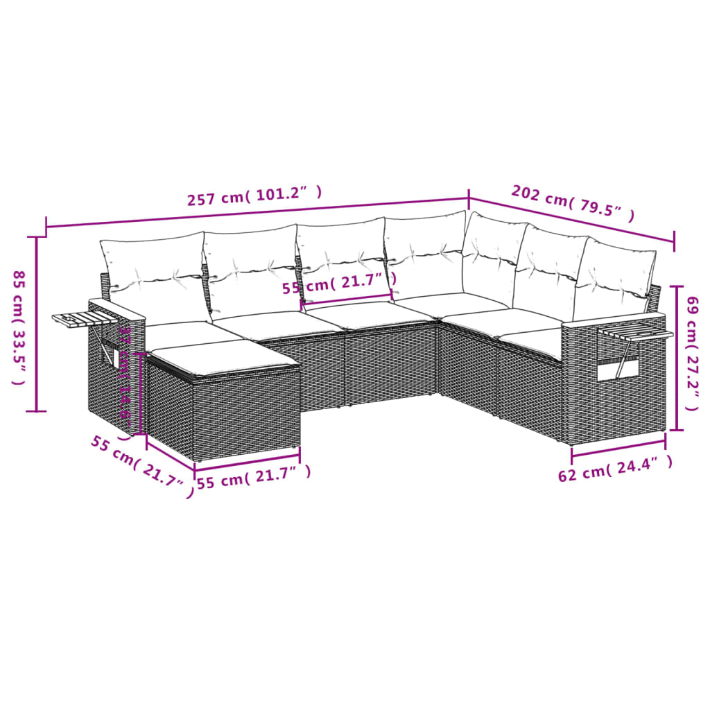7 Pcs conjunto de sofás p/ jardim c/ almofadões vime PE preto