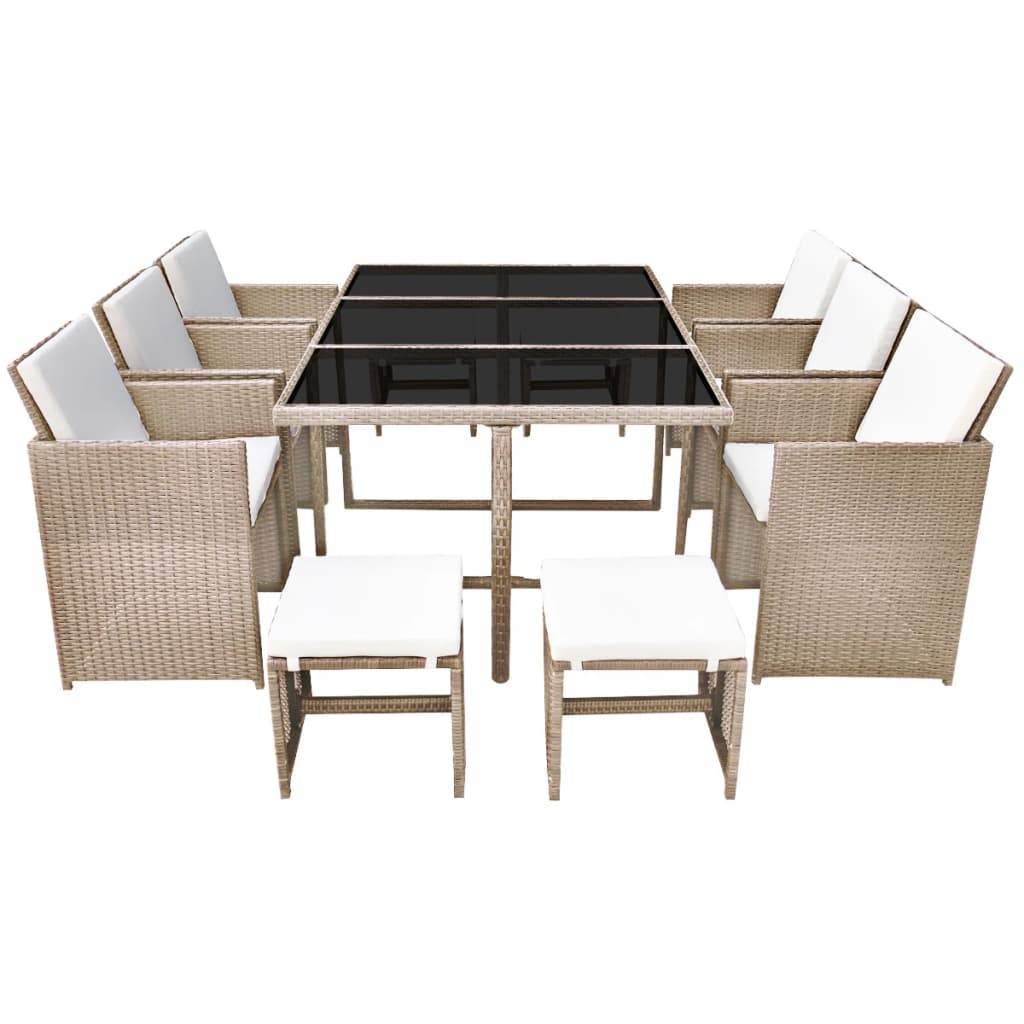 11 Pcs conjunto jantar exterior com almofadões vime PE bege