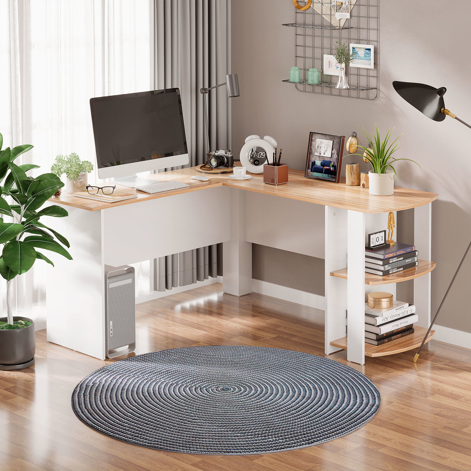 Secretária de canto mesa de computador para escritório casa em forma de l com prateleiras 136x130x72 cm branco e madeira