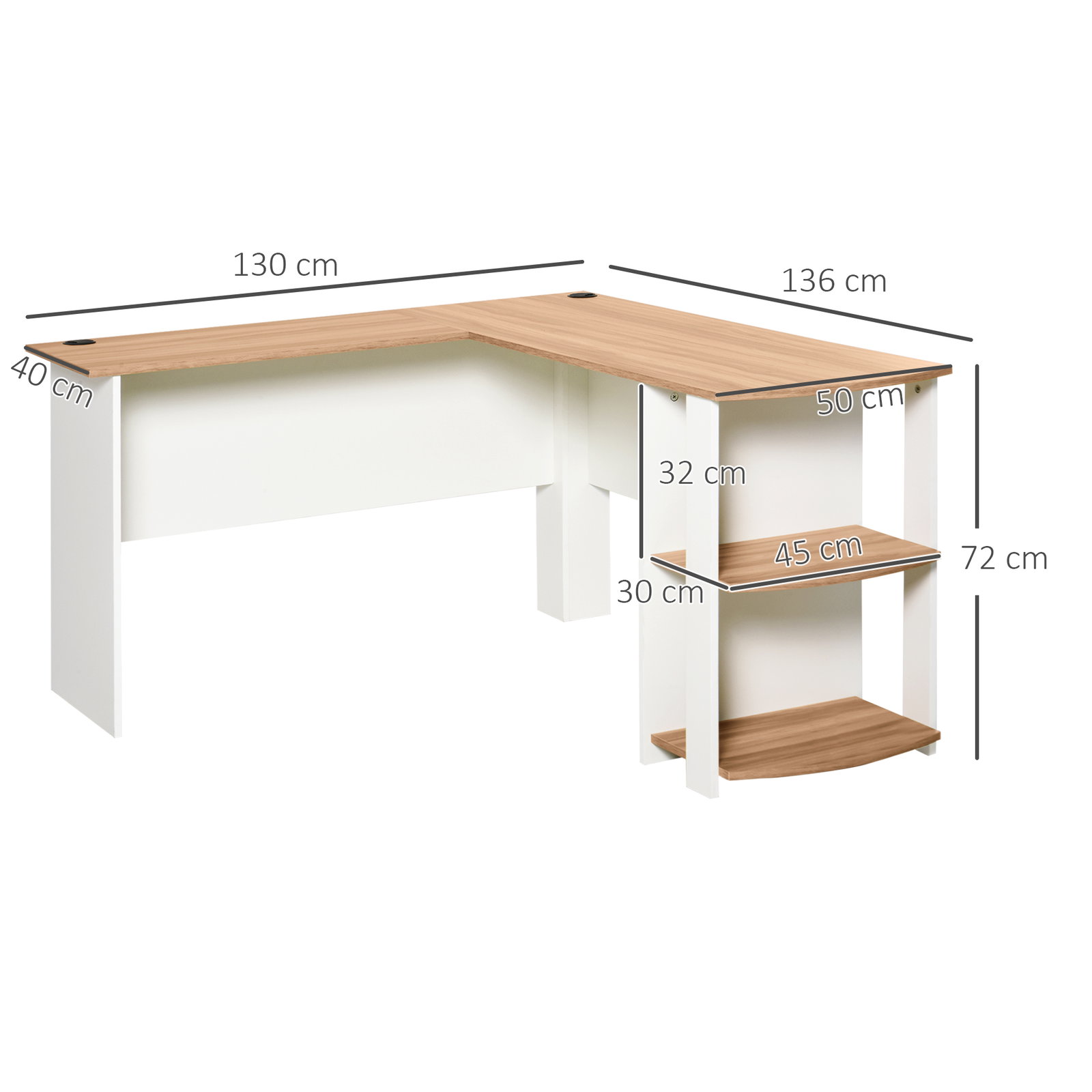 Secretária de canto mesa de computador para escritório casa em forma de l com prateleiras 136x130x72 cm branco e madeira