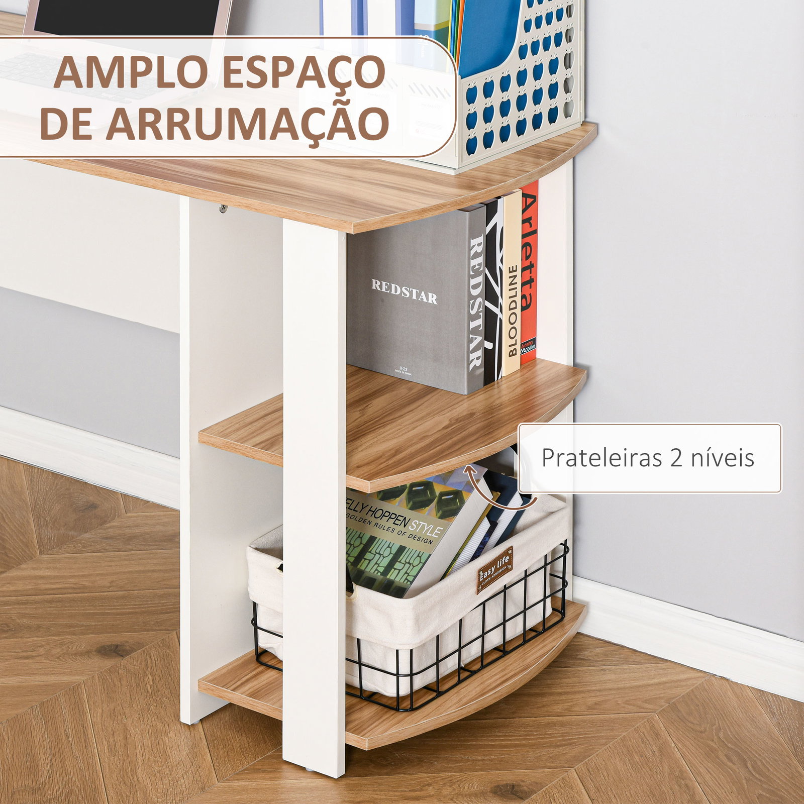 Secretária de canto mesa de computador para escritório casa em forma de l com prateleiras 136x130x72 cm branco e madeira
