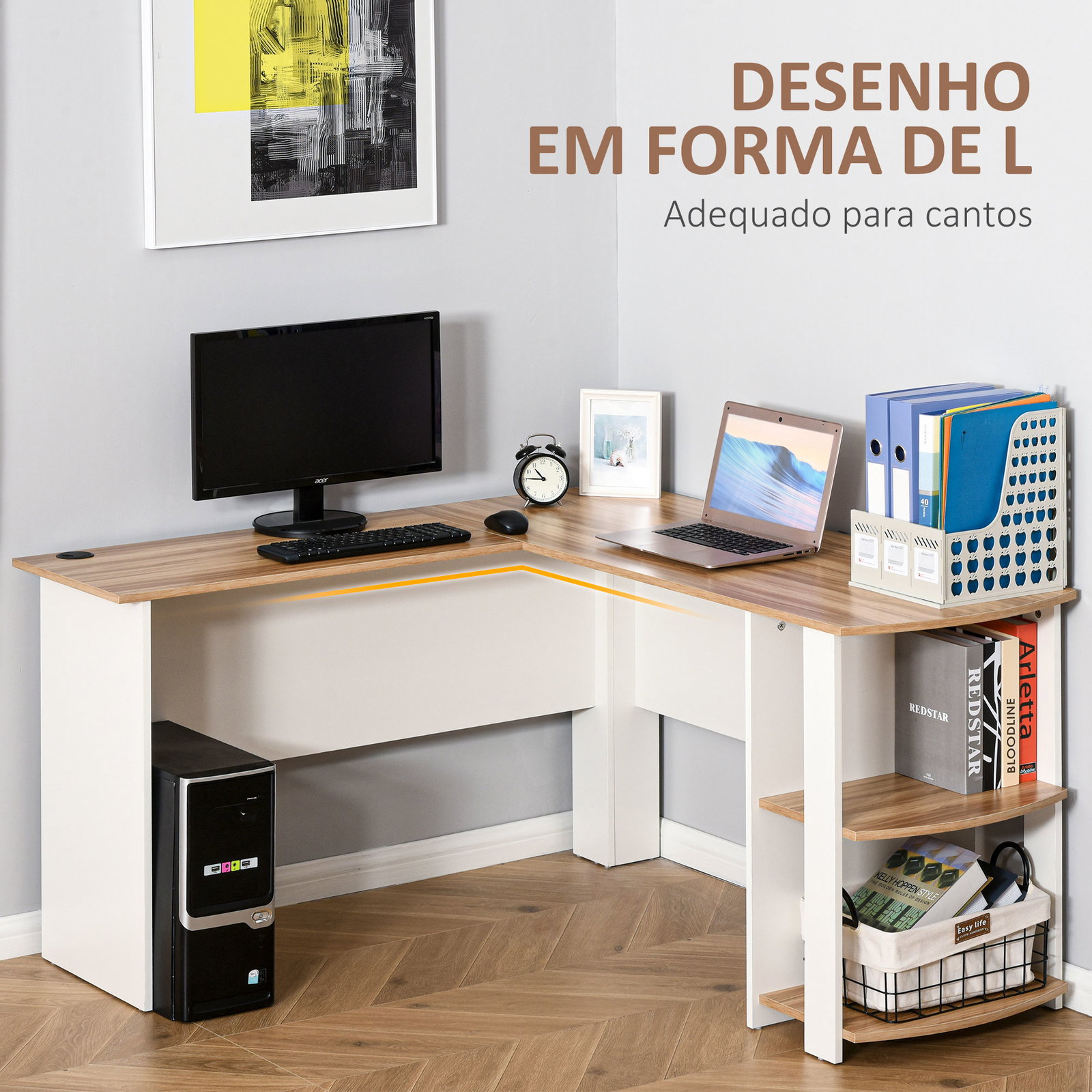 Secretária de canto mesa de computador para escritório casa em forma de l com prateleiras 136x130x72 cm branco e madeira