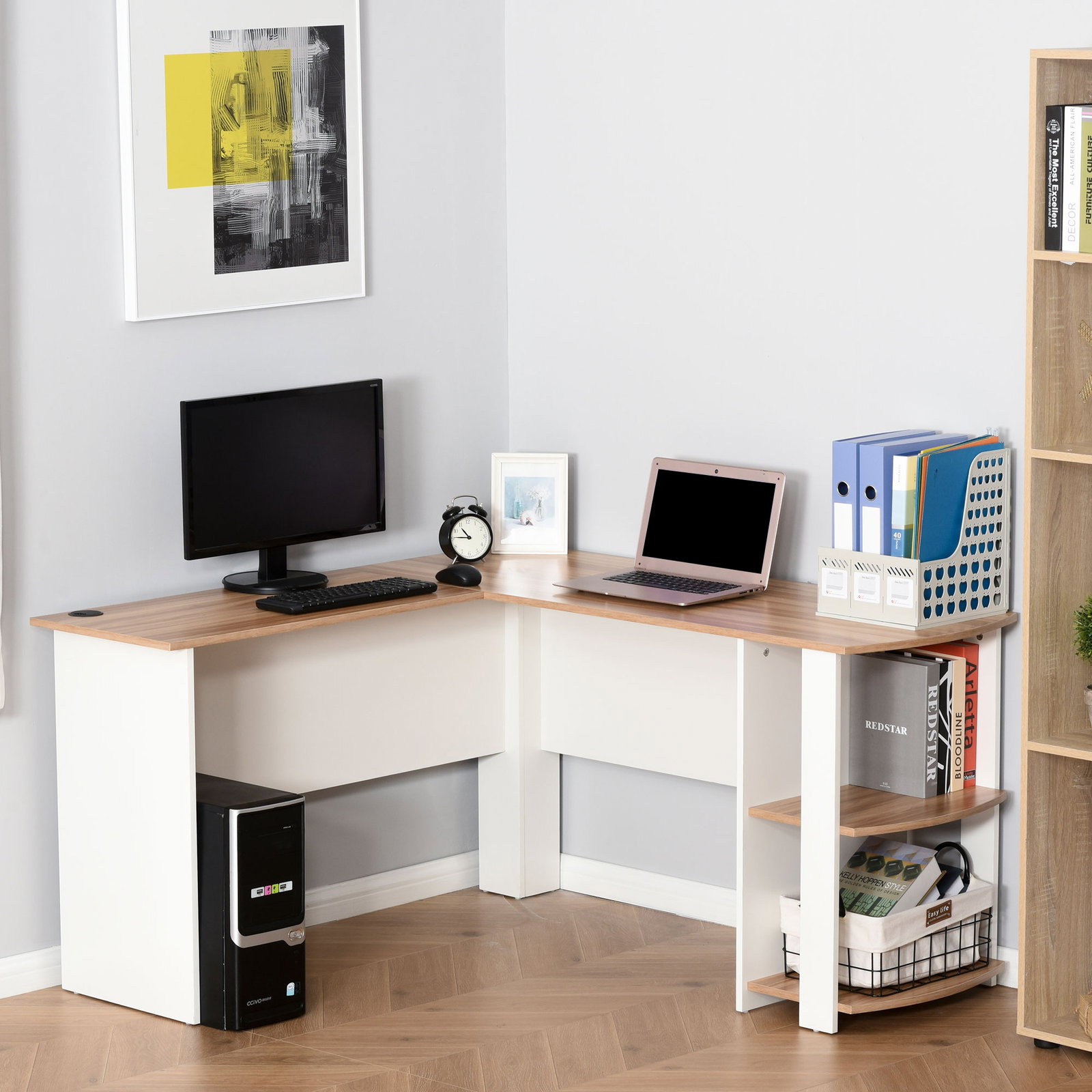 Secretária de canto mesa de computador para escritório casa em forma de l com prateleiras 136x130x72 cm branco e madeira