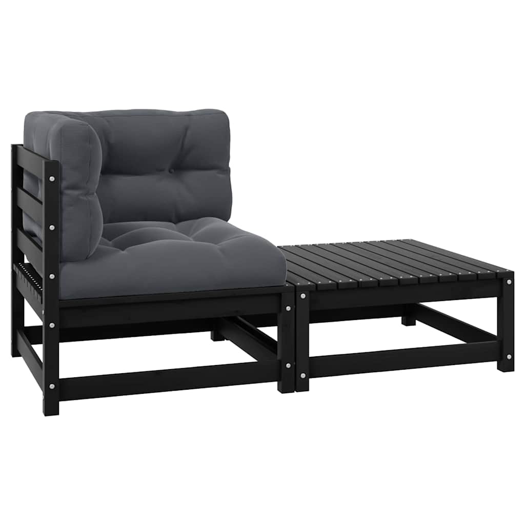 2 Pcs conjunto lounge jardim c/ almofadões pinho maciço preto