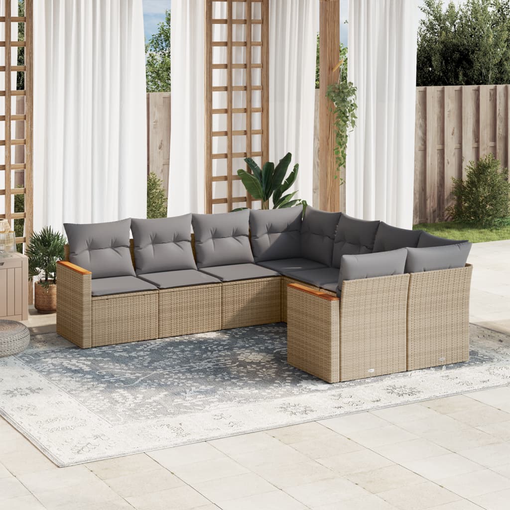 8 Pcs conj. sofás jardim c/ almofadões vime PE bege misturado