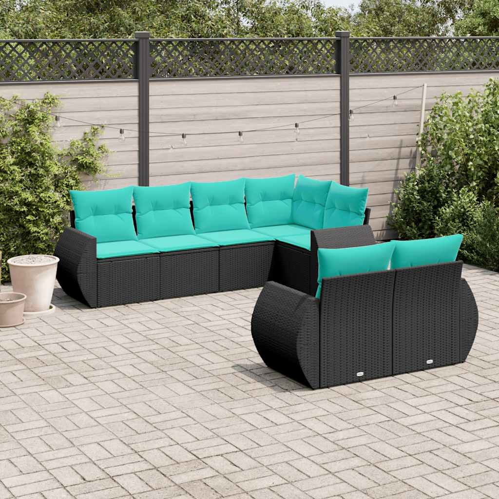 Conjunto de sofá de jardim com 7 peças e almofadas em rattan sintético preto