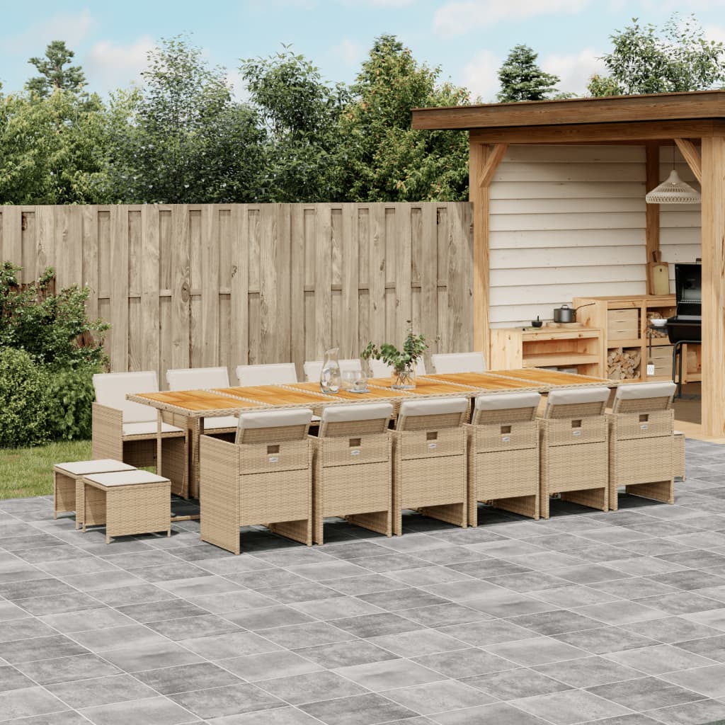 17 Pcs conjunto de jantar p/ jardim c/ almofadões vime PE bege