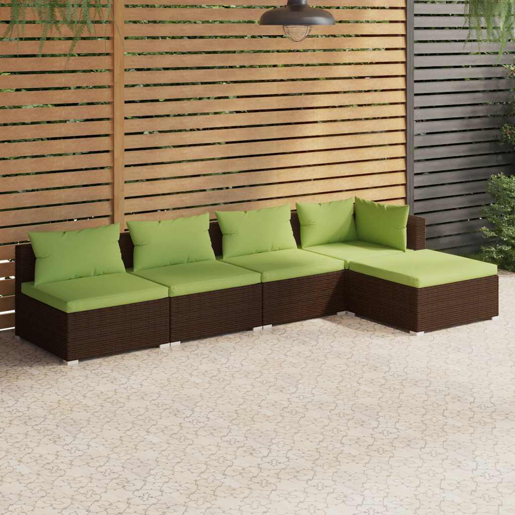 5 Pcs conjunto lounge jardim c/ almofadões vime PE castanho