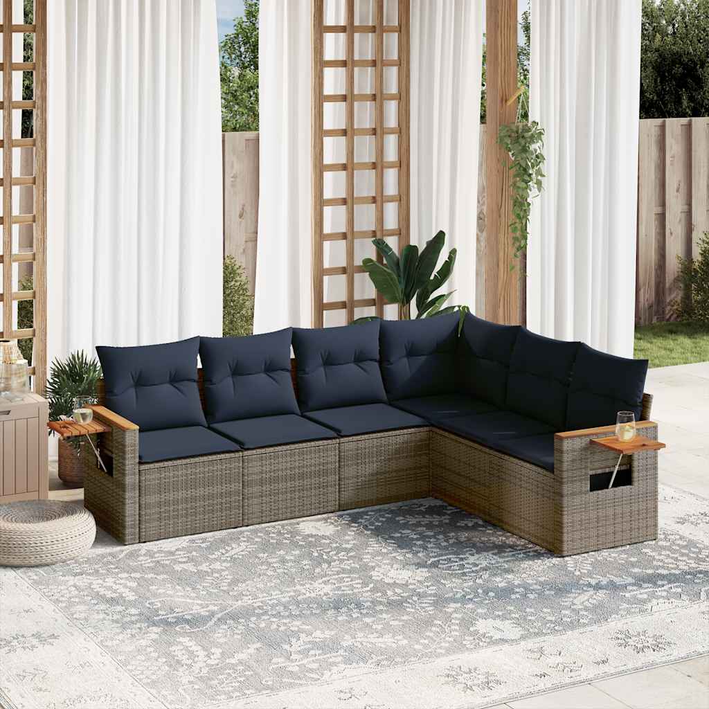 6 Pcs conjunto sofás p/ jardim c/ almofadões vime PE cinzento