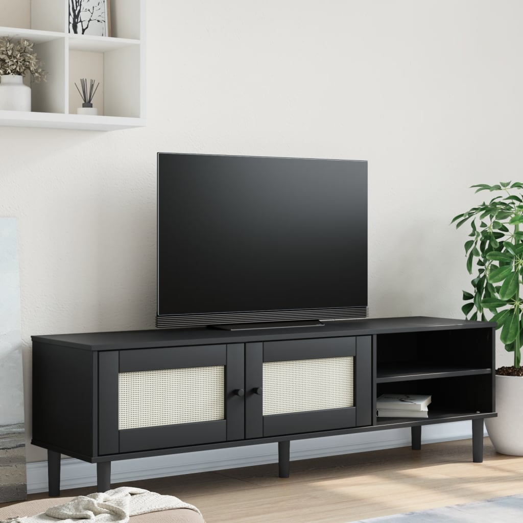 Móvel de TV senja aspeto vime 158x40x49 cm pinho maciço preto