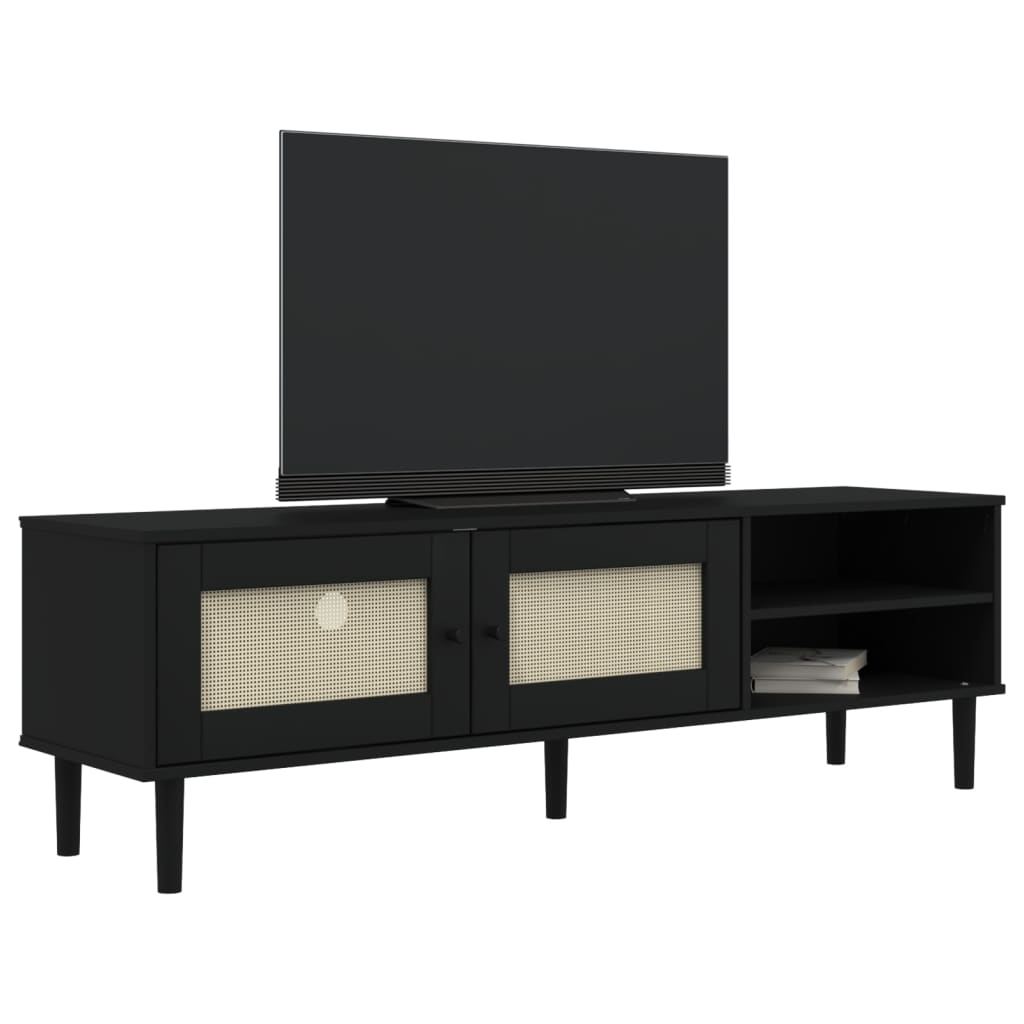 Móvel de TV senja aspeto vime 158x40x49 cm pinho maciço preto
