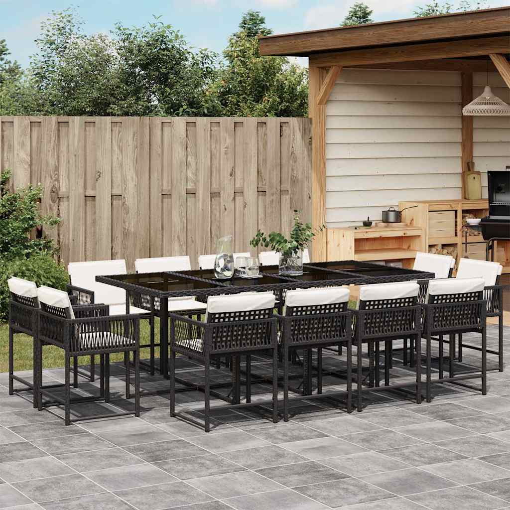 13 Pcs conjunto de jantar p/jardim com almofadões vime PE preto