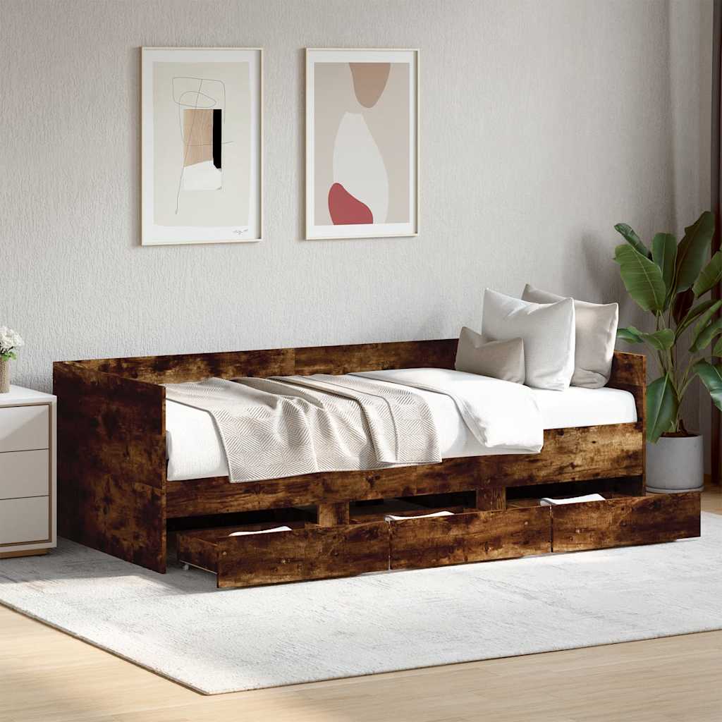 Sofá-cama com gavetas sem colchão 90x200 cm carvalho fumado