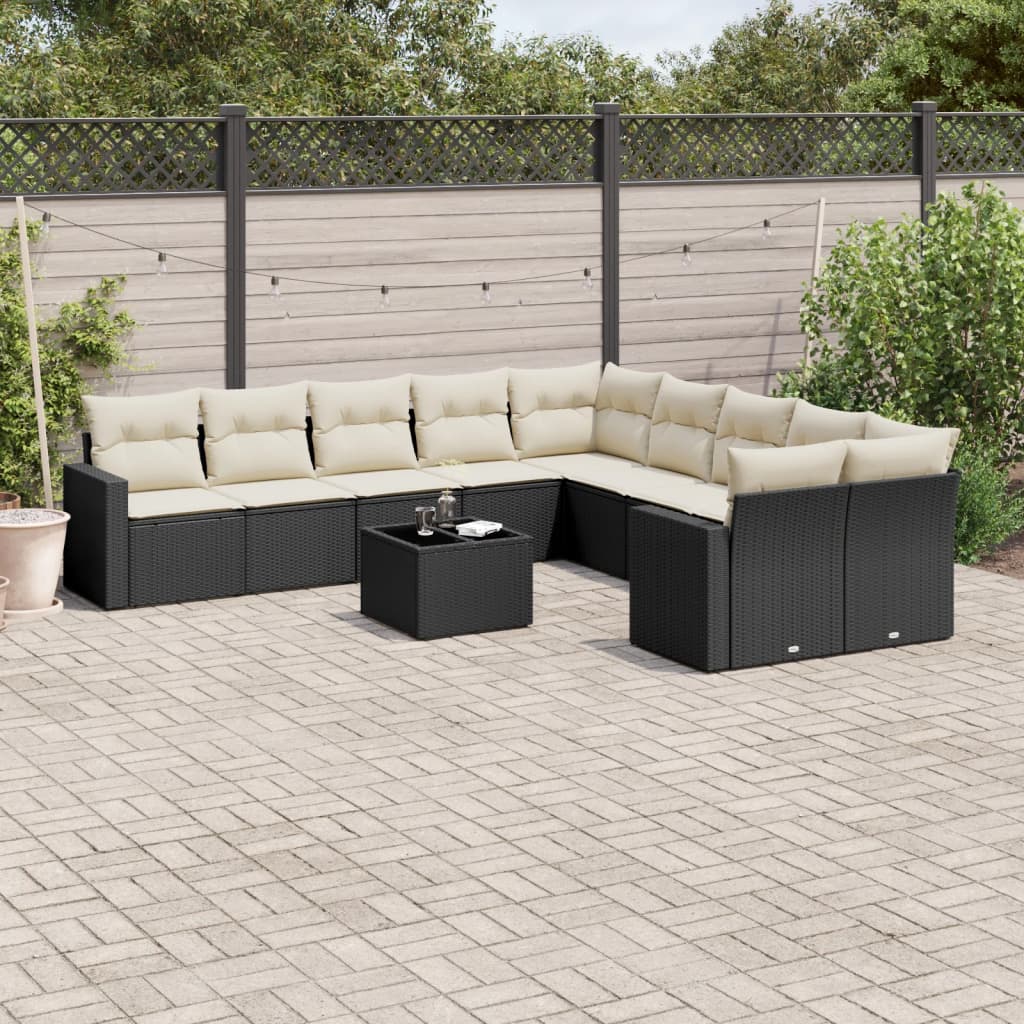 11 Pcs conjunto sofás de jardim c/ almofadões vime PE preto