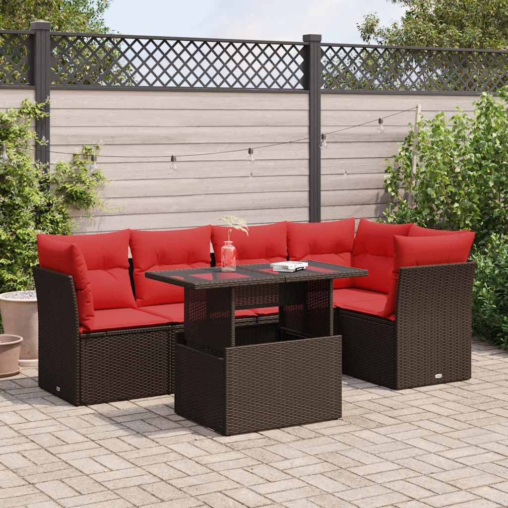 6 Pcs conj. sofás jardim c/ almofadões vime PE/acácia castanho
