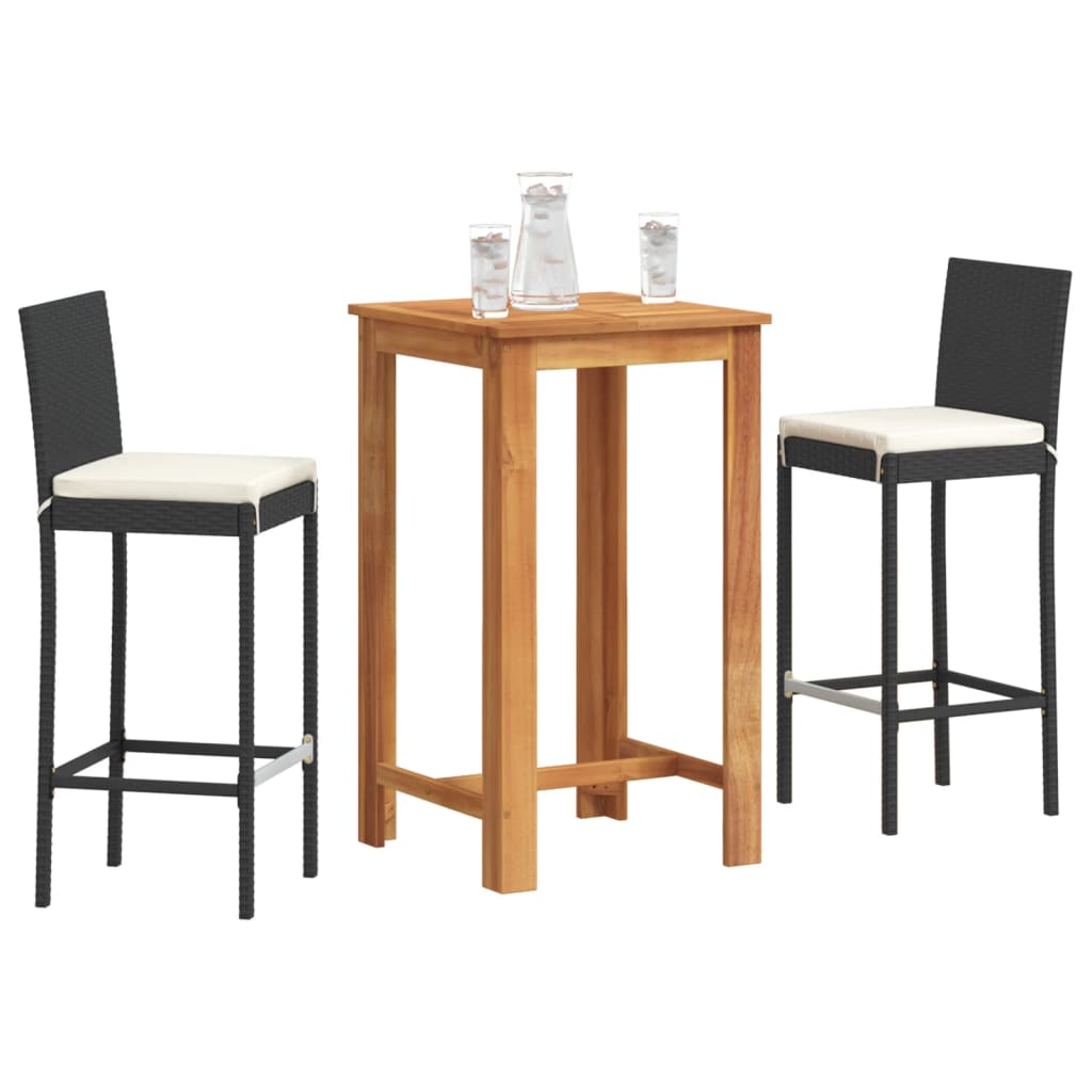 3 Pcs conjunto de bar para jardim acácia maciça/vime PE preto