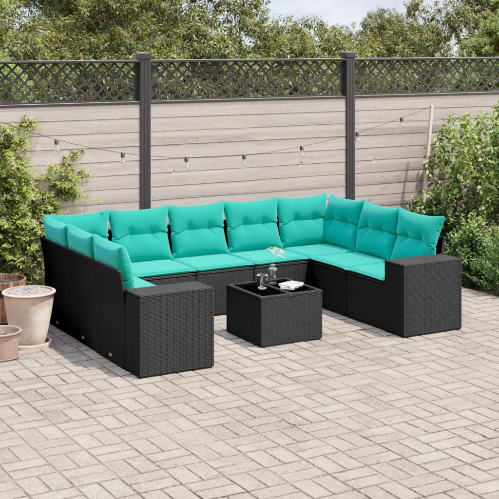 Conjunto de sofá de jardim com 10 peças e almofadas em rattan sintético preto