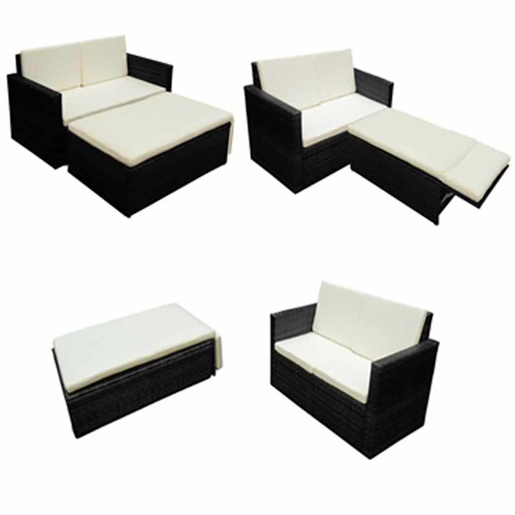2 Pcs conjunto lounge de jardim c/ almofadões vime PE preto