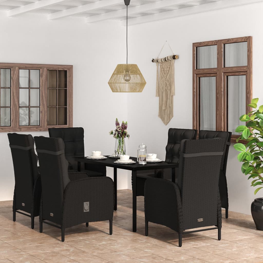 7 Pcs conjunto de jantar para jardim com almofadões preto