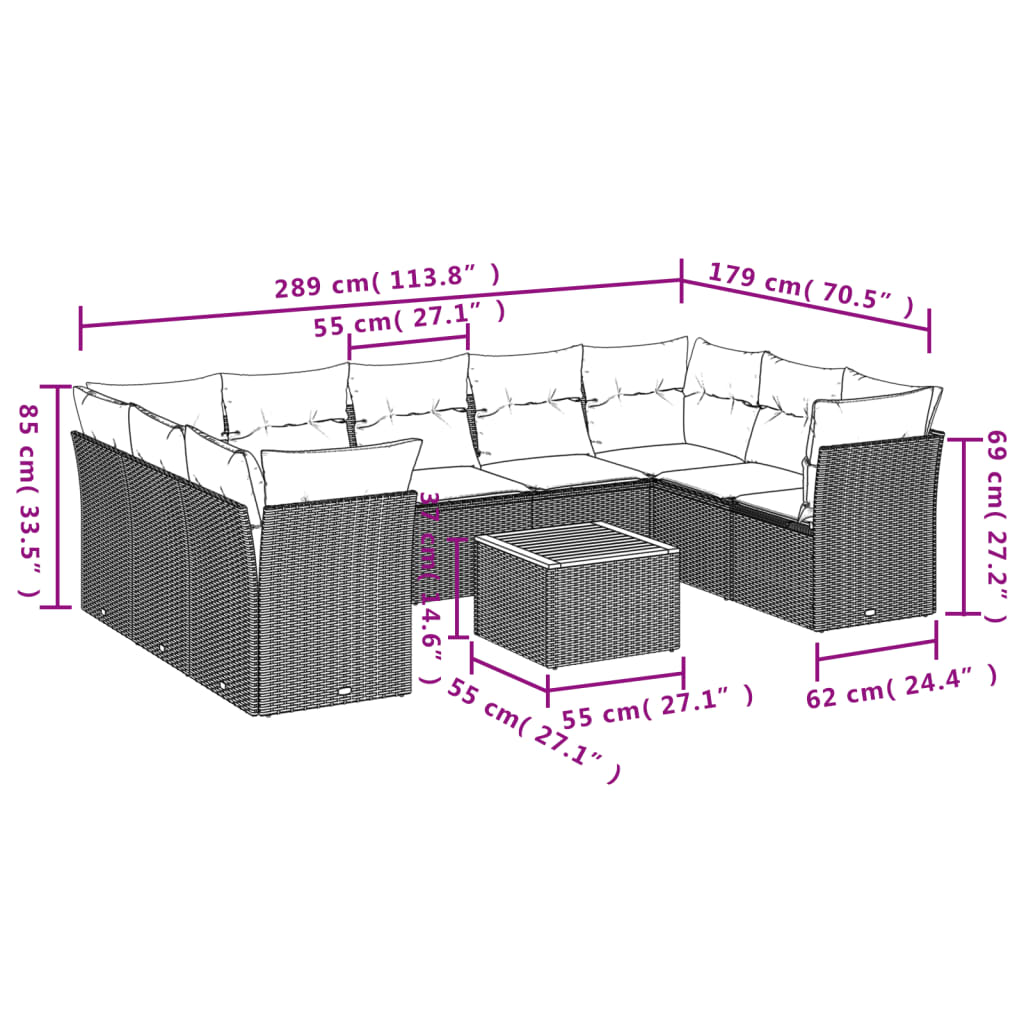 10 Pcs conjunto sofás de jardim c/ almofadões vime PE preto