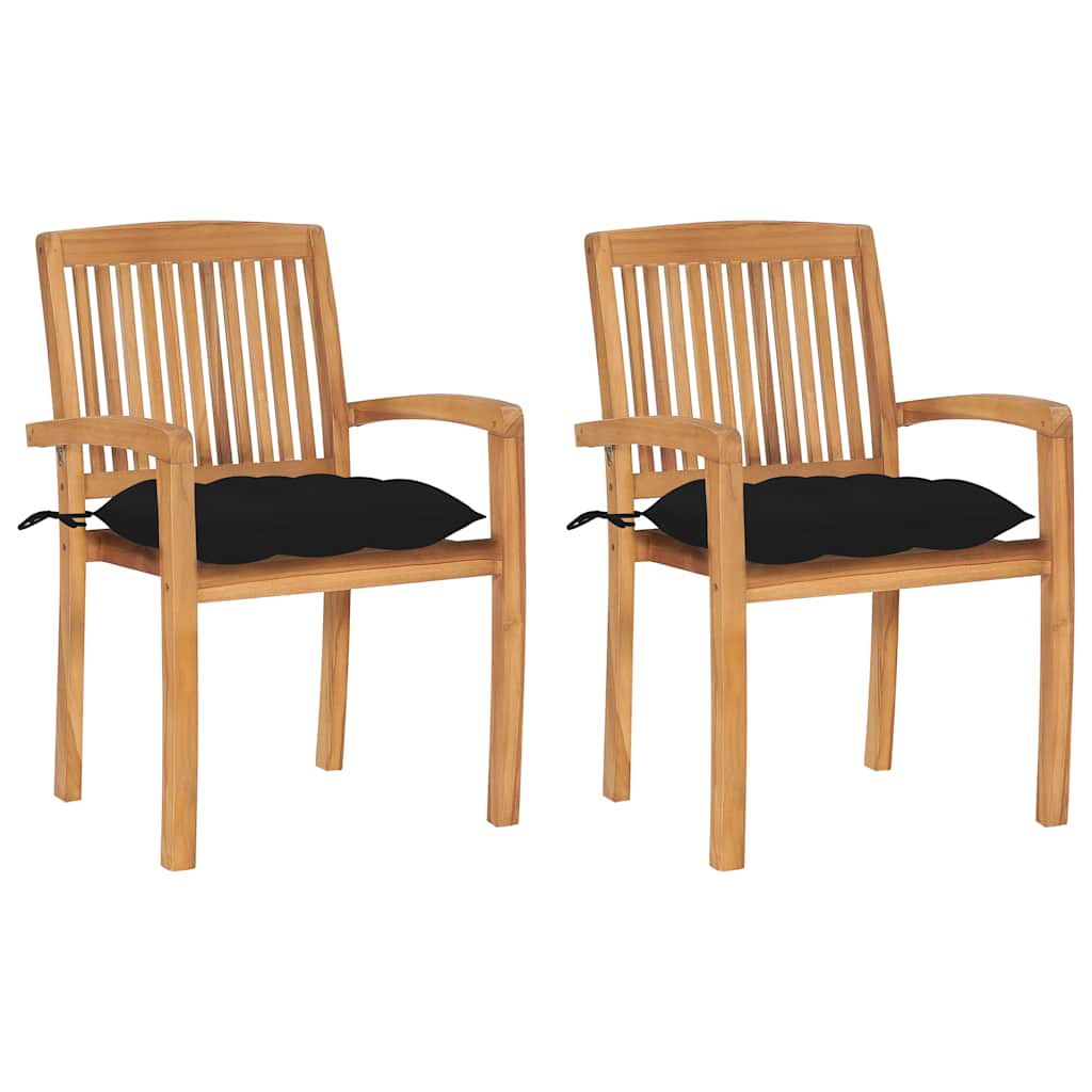 Cadeiras de jardim c/ almofadões pretos 2 pcs teca maciça