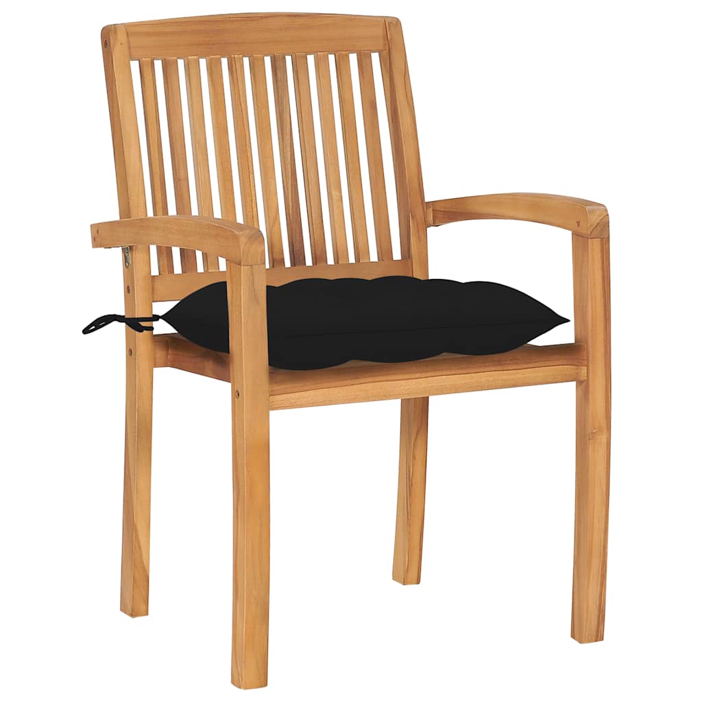 Cadeiras de jardim c/ almofadões pretos 2 pcs teca maciça