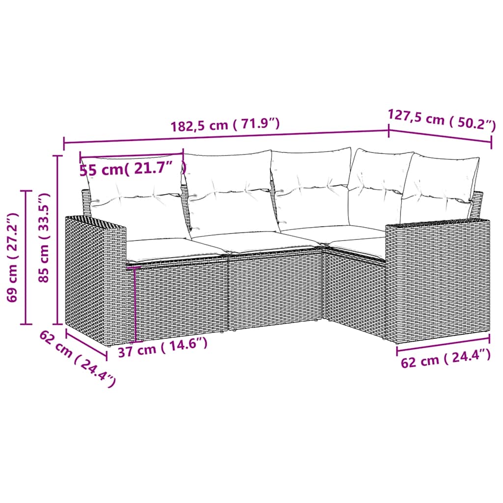4 Pcs conj. sofás jardim c/ almofadões vime PE cinzento-claro