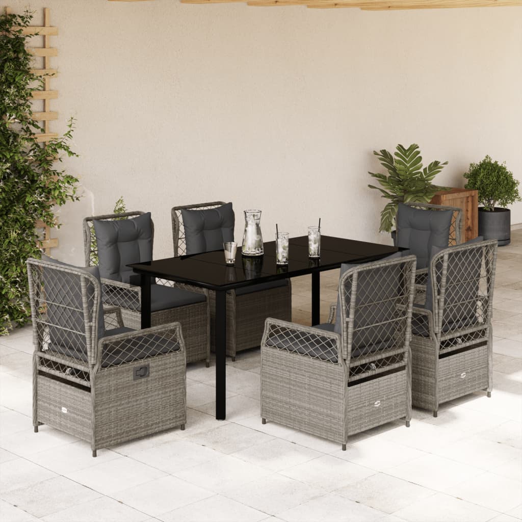 7 Pcs conj. jantar p/ jardim c/ almofadões vime PE cinza-claro