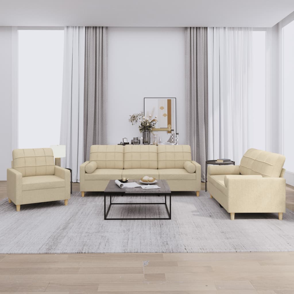 3 Pcs conjunto de sofás com almofadas tecido cor creme