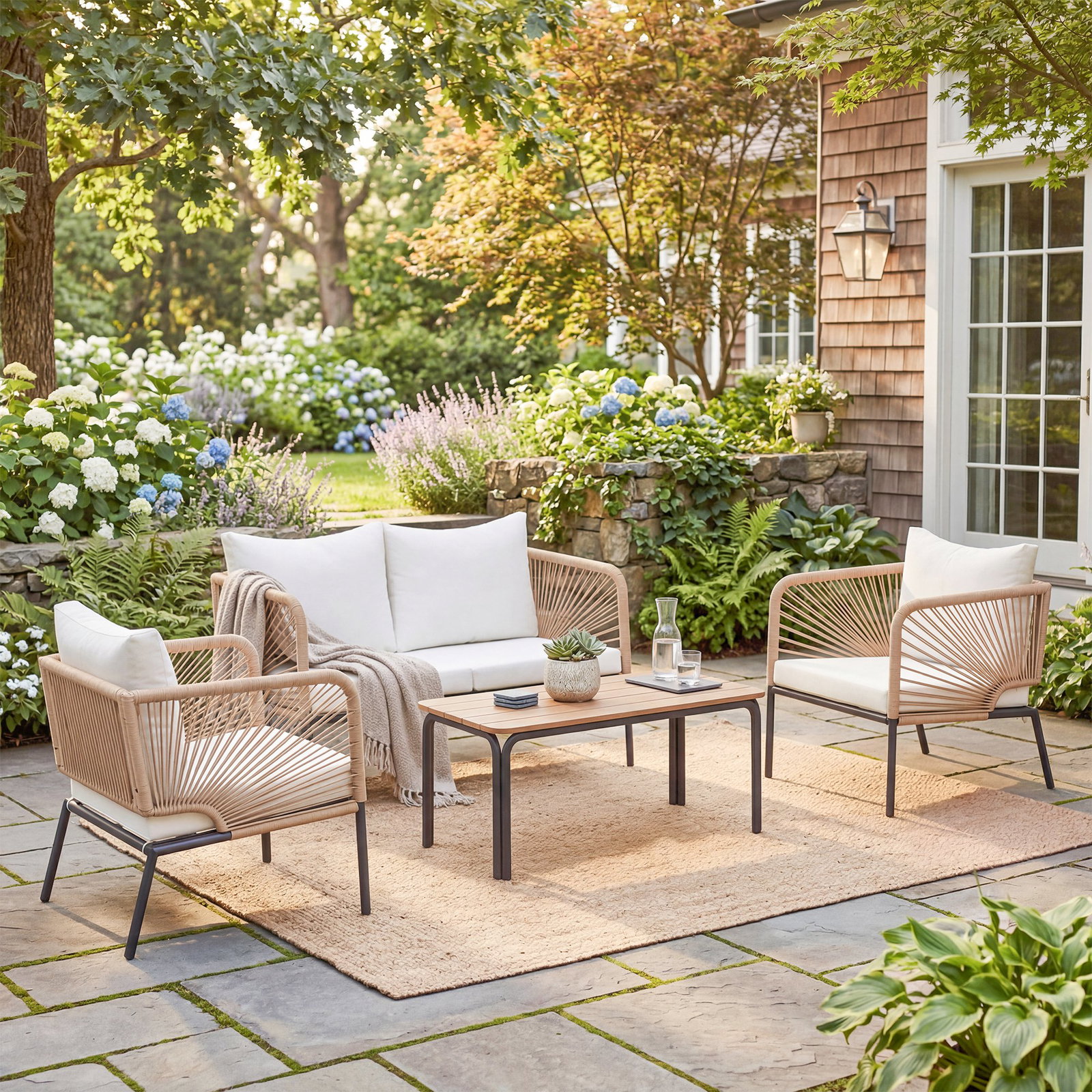 Conjunto jardim de 4 peças móveis de exterior com sofá de 2 lugares 2 poltronas e mesa de wpc branco e castanho