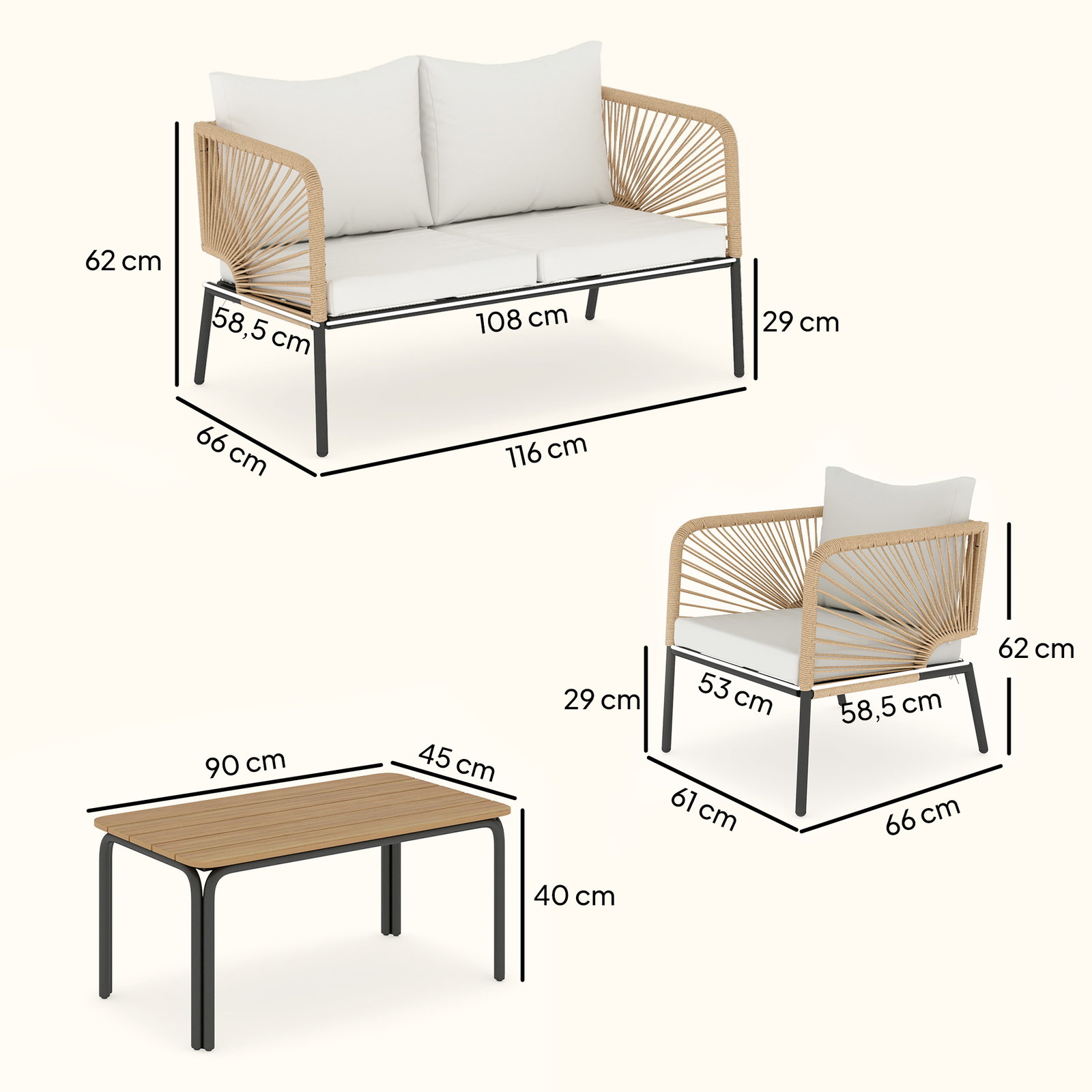 Conjunto jardim de 4 peças móveis de exterior com sofá de 2 lugares 2 poltronas e mesa de wpc branco e castanho