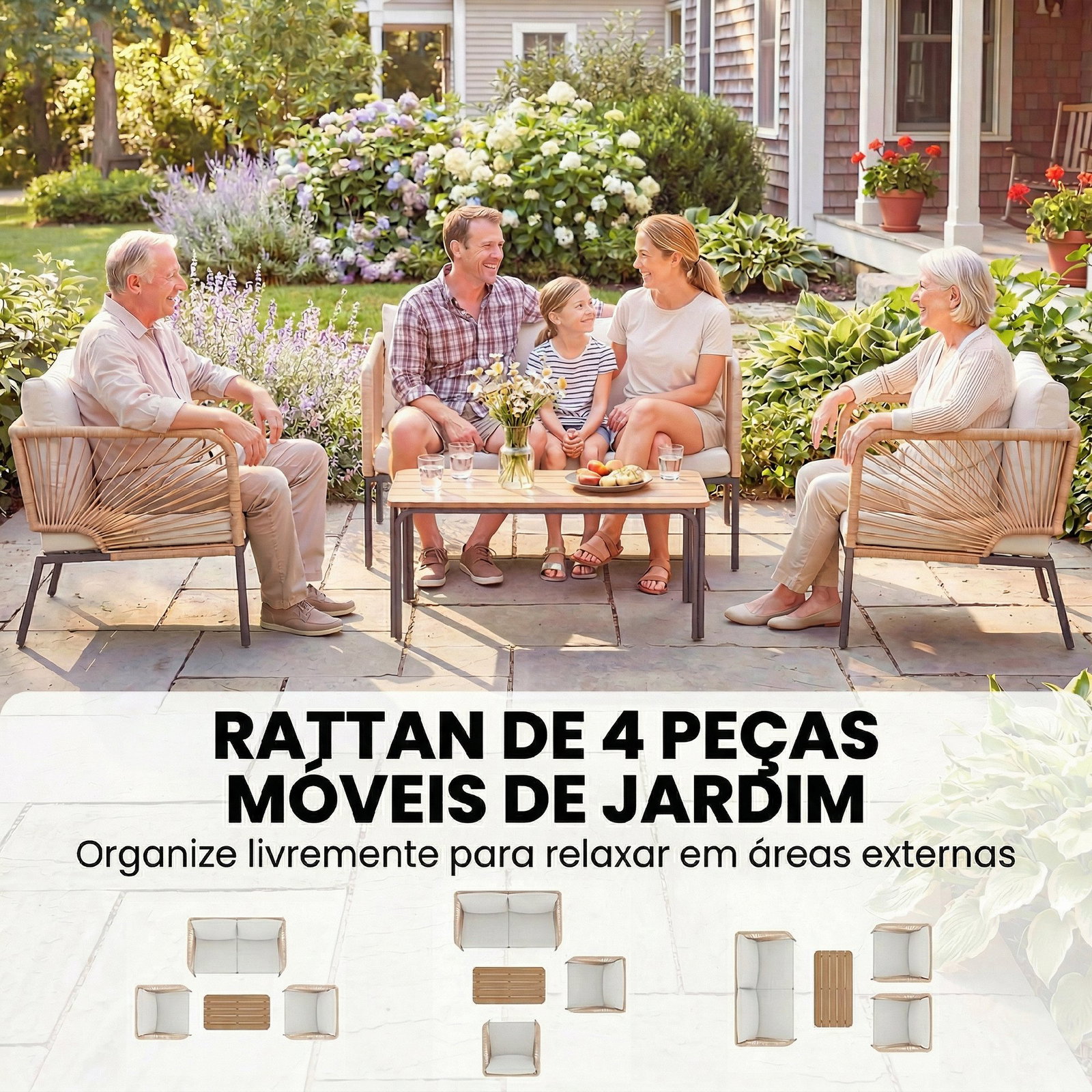 Conjunto jardim de 4 peças móveis de exterior com sofá de 2 lugares 2 poltronas e mesa de wpc branco e castanho