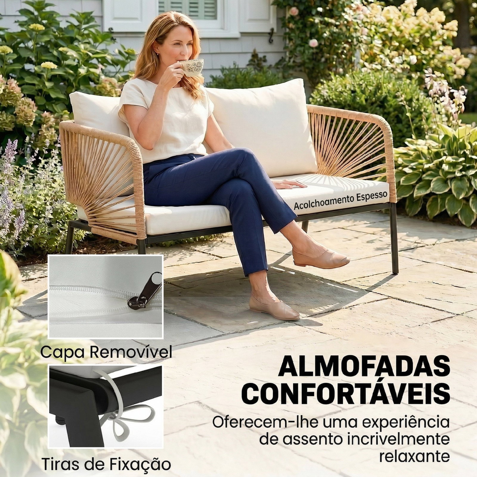 Conjunto jardim de 4 peças móveis de exterior com sofá de 2 lugares 2 poltronas e mesa de wpc branco e castanho