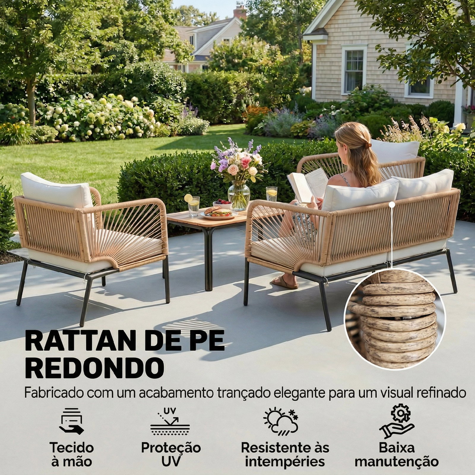 Conjunto jardim de 4 peças móveis de exterior com sofá de 2 lugares 2 poltronas e mesa de wpc branco e castanho