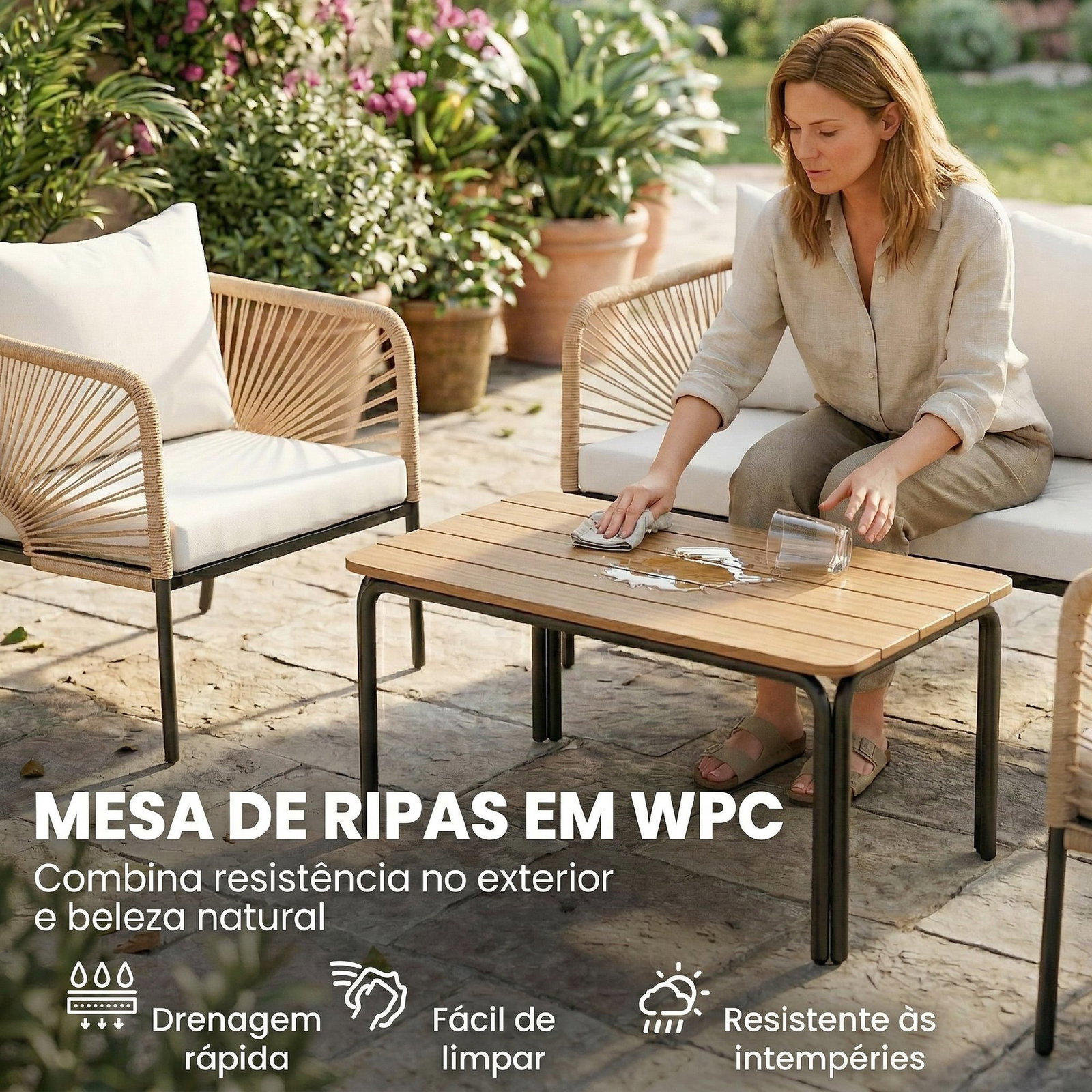 Conjunto jardim de 4 peças móveis de exterior com sofá de 2 lugares 2 poltronas e mesa de wpc branco e castanho