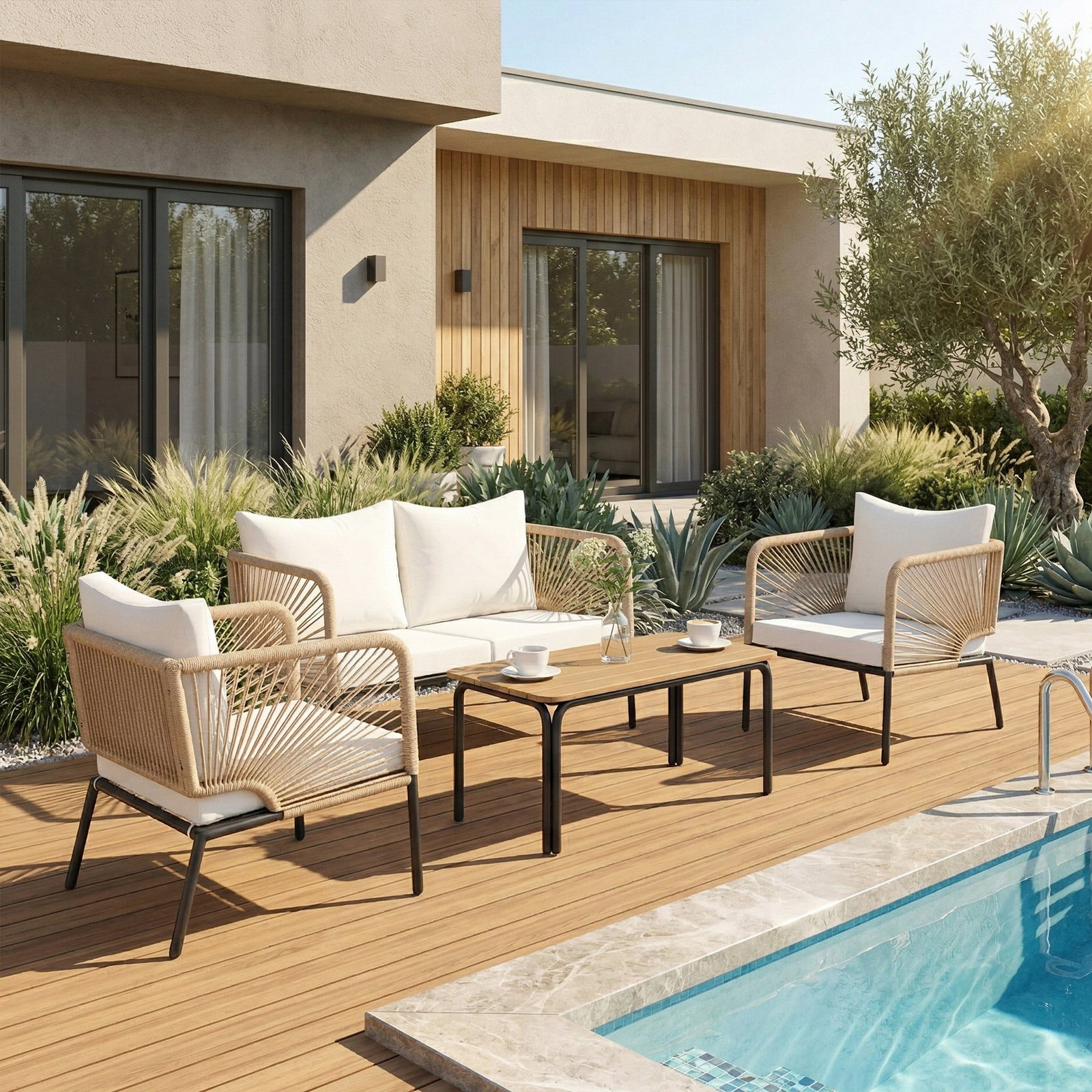 Conjunto jardim de 4 peças móveis de exterior com sofá de 2 lugares 2 poltronas e mesa de wpc branco e castanho