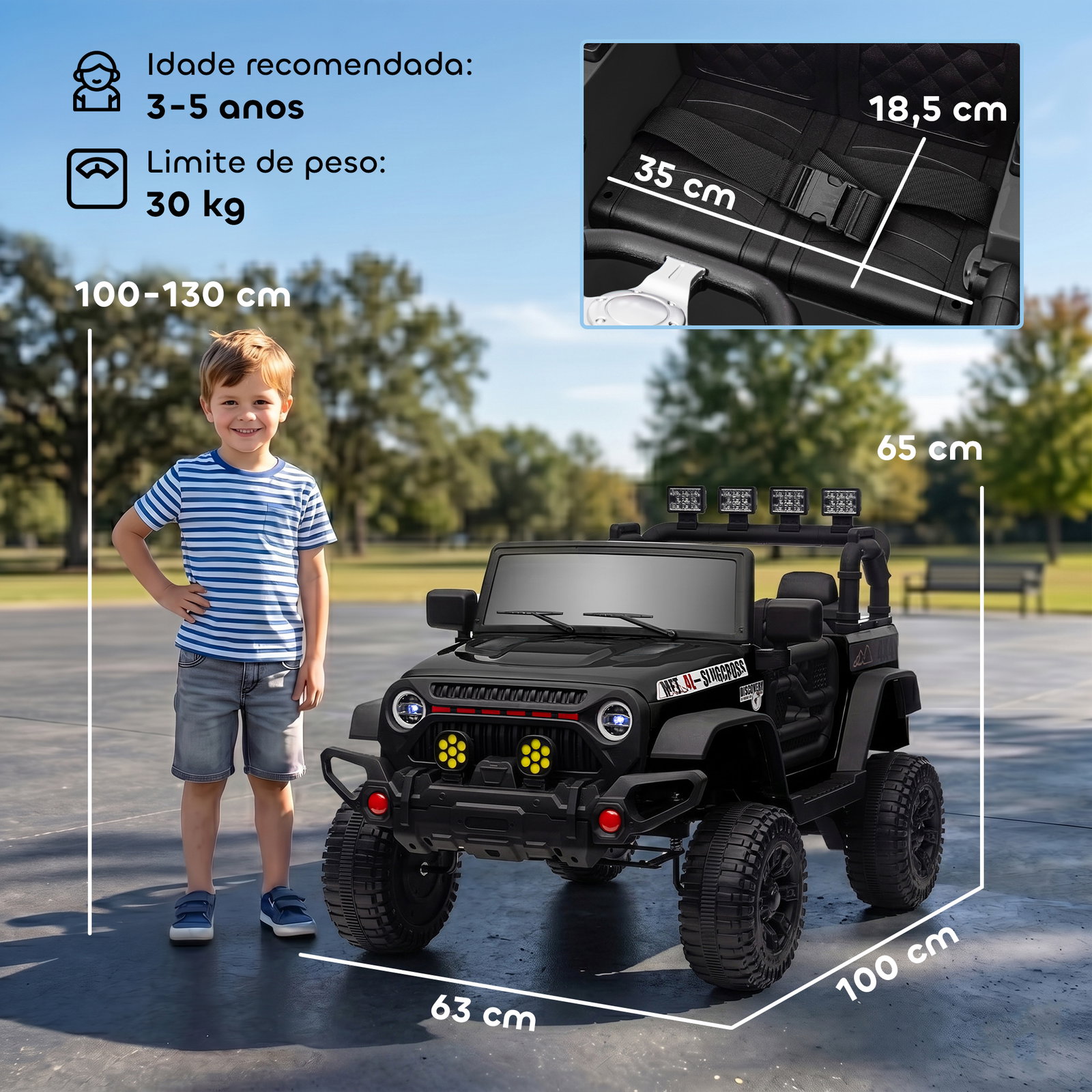 Carro elétrico para crianças com bateria de 12v controlo remoto faróis LED buzina e música 100x63x65 cm preto