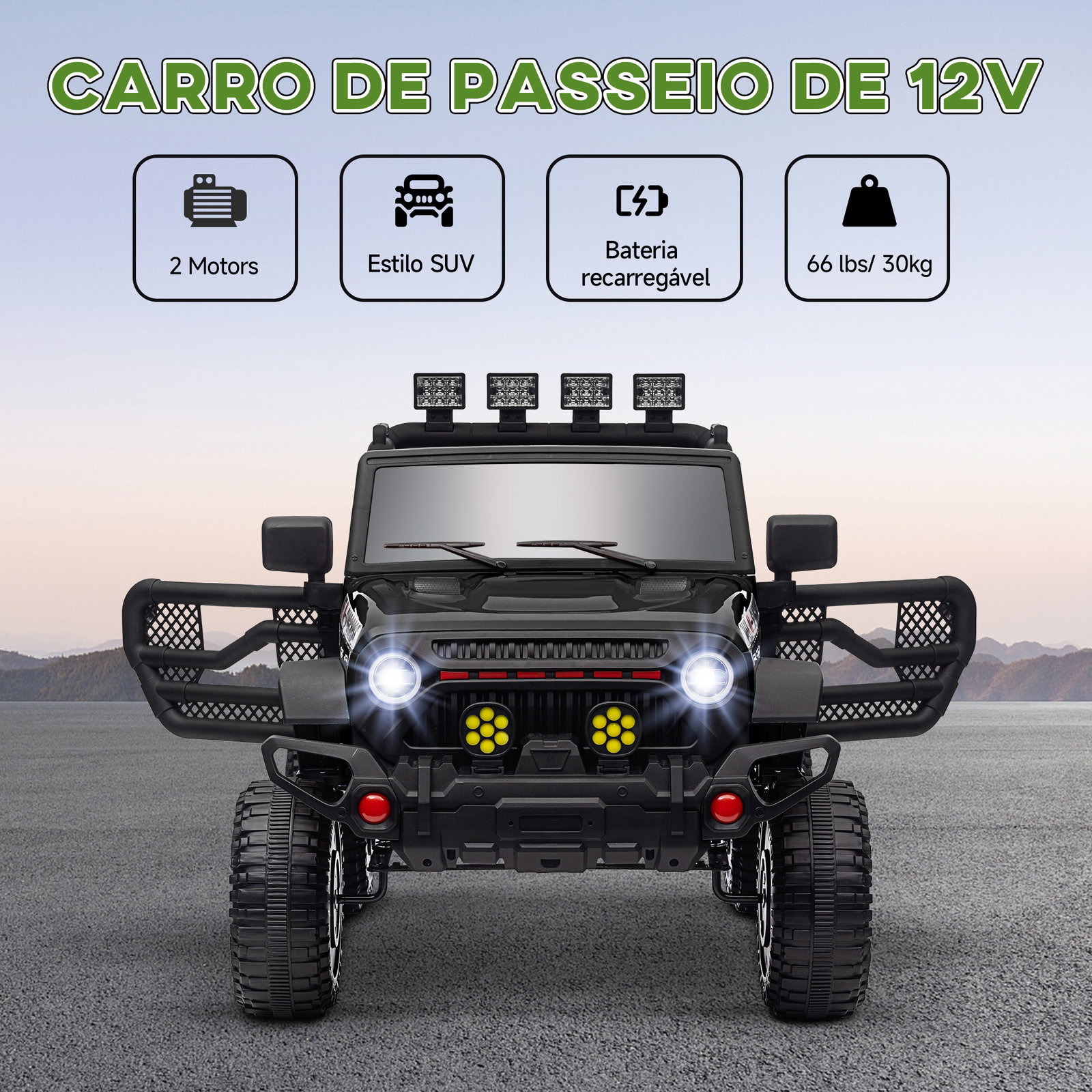 Carro elétrico para crianças com bateria de 12v controlo remoto faróis LED buzina e música 100x63x65 cm preto