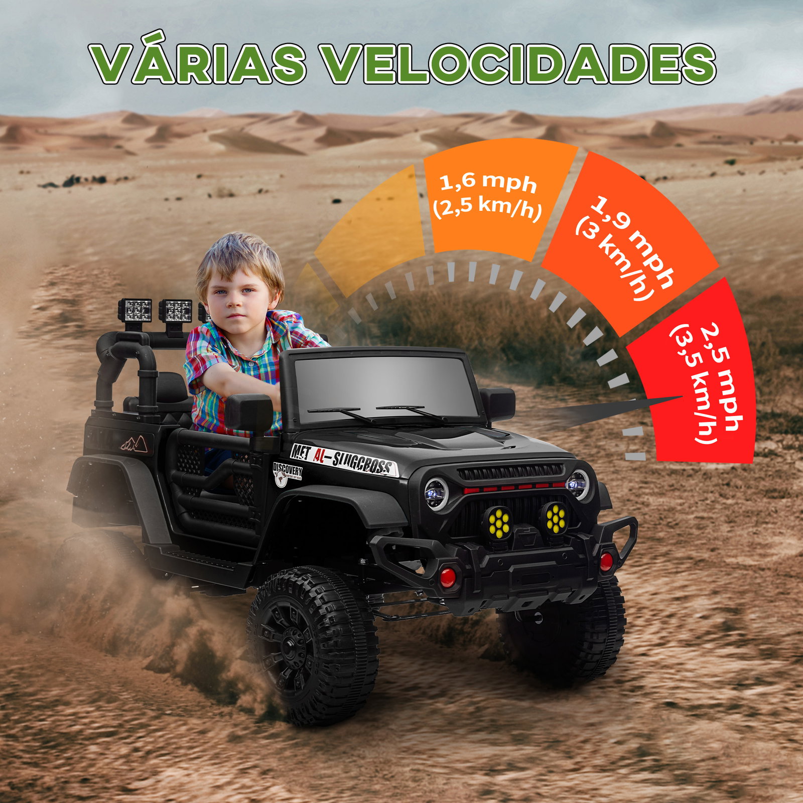 Carro elétrico para crianças com bateria de 12v controlo remoto faróis LED buzina e música 100x63x65 cm preto