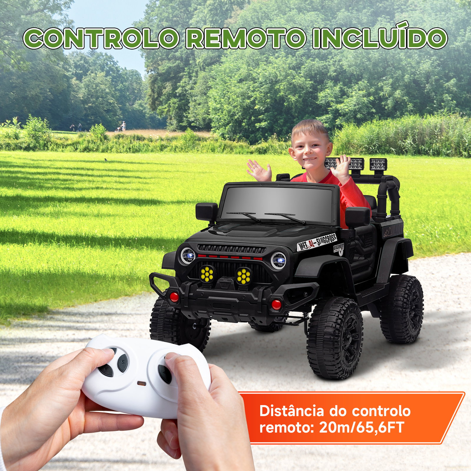 Carro elétrico para crianças com bateria de 12v controlo remoto faróis LED buzina e música 100x63x65 cm preto