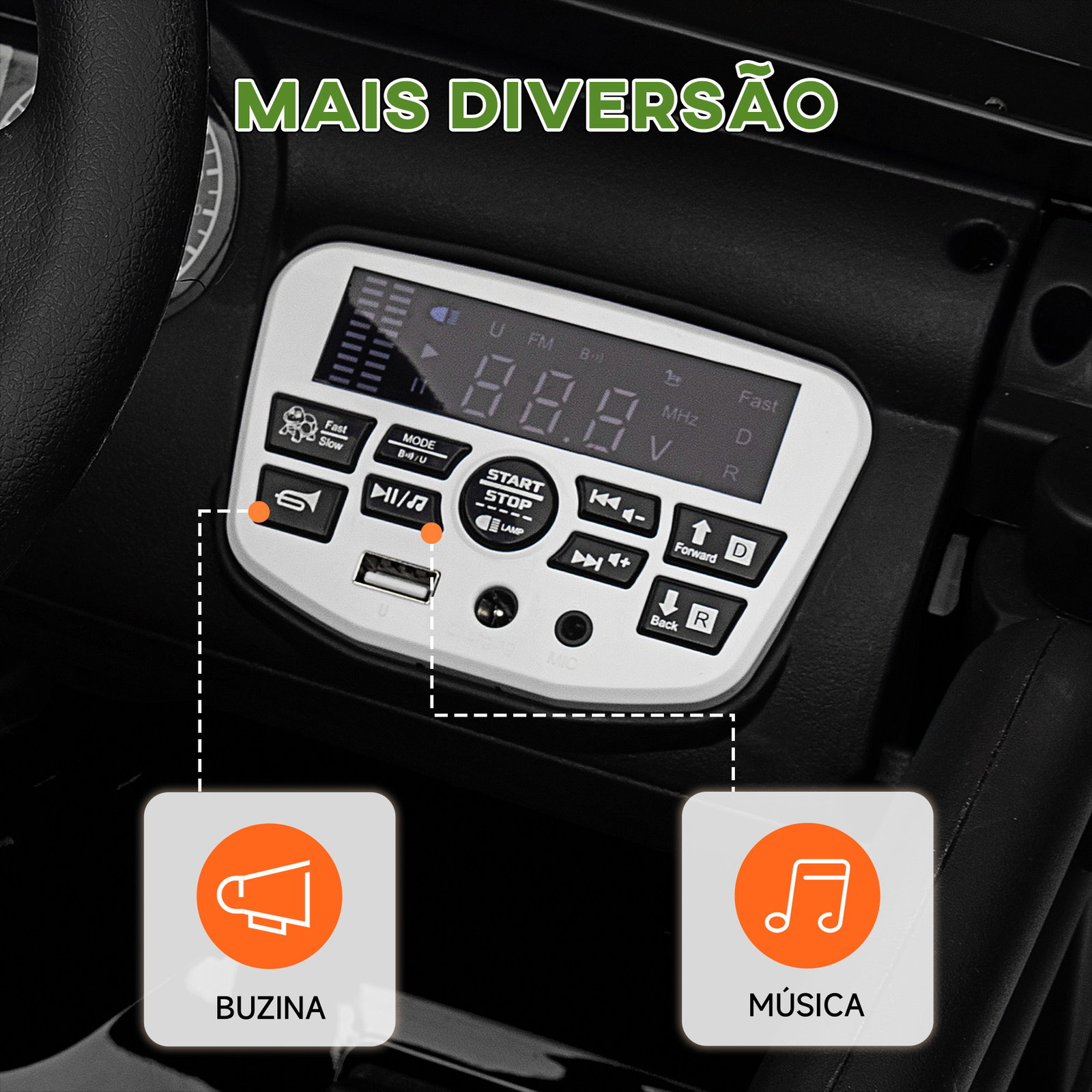 Carro elétrico para crianças com bateria de 12v controlo remoto faróis LED buzina e música 100x63x65 cm preto