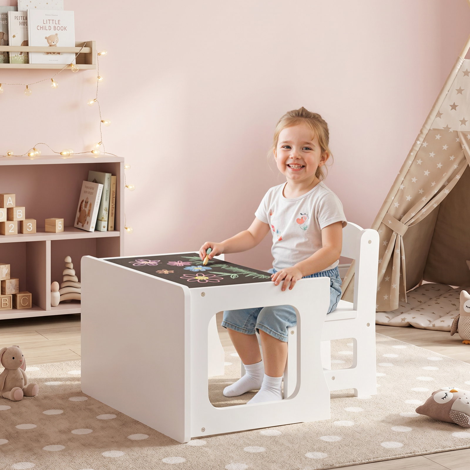 Mesa infantil com cadeira tampo reversível mesa e cadeira infantil com lousa para desenho crianças 3-6 anos branco
