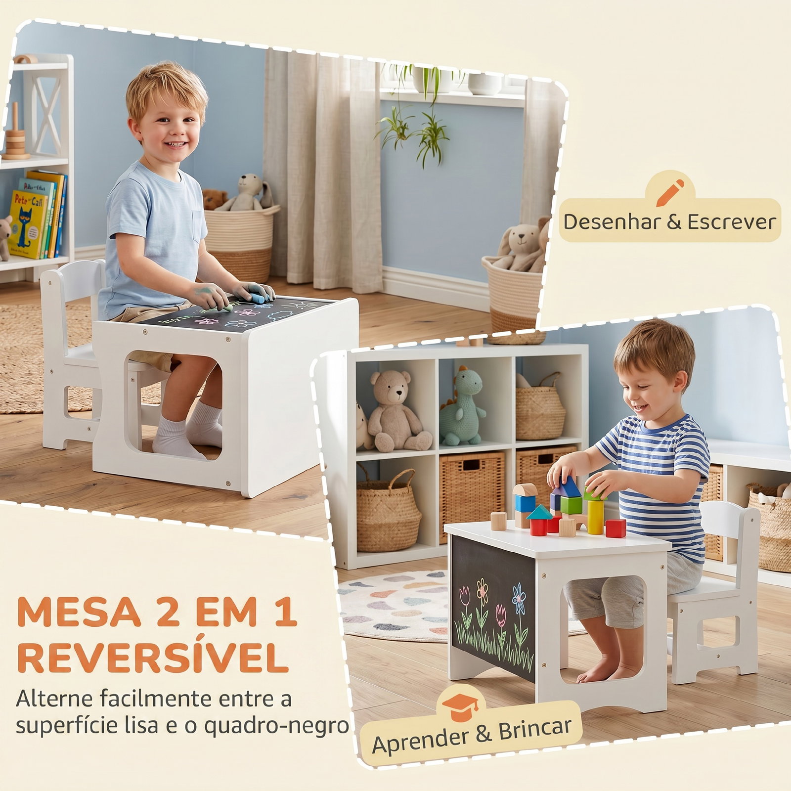 Mesa infantil com cadeira tampo reversível mesa e cadeira infantil com lousa para desenho crianças 3-6 anos branco
