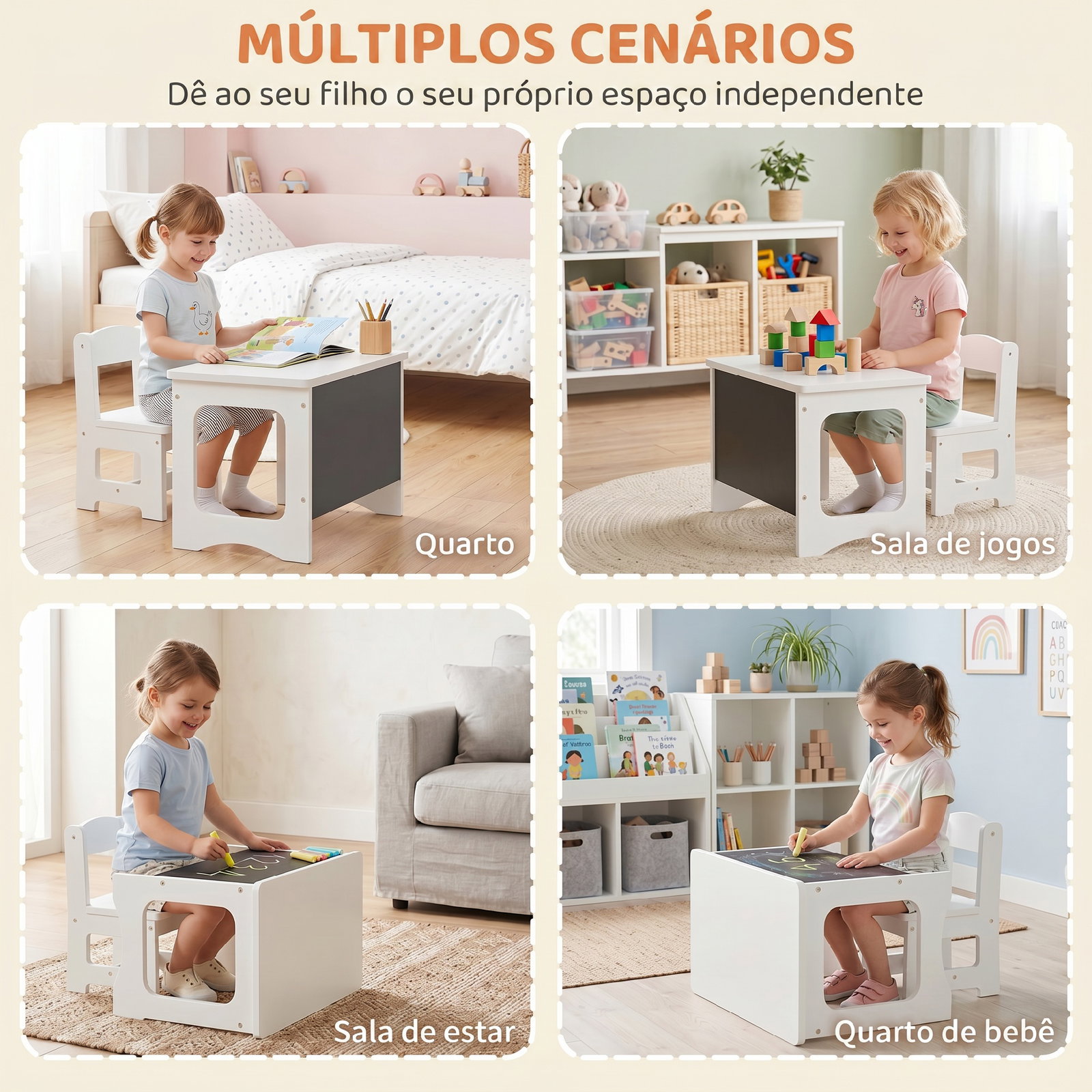 Mesa infantil com cadeira tampo reversível mesa e cadeira infantil com lousa para desenho crianças 3-6 anos branco