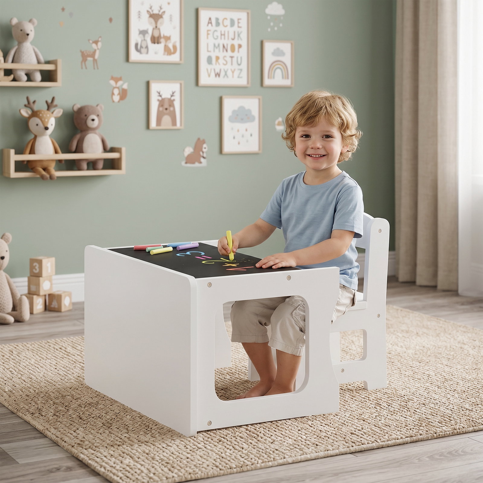 Mesa infantil com cadeira tampo reversível mesa e cadeira infantil com lousa para desenho crianças 3-6 anos branco