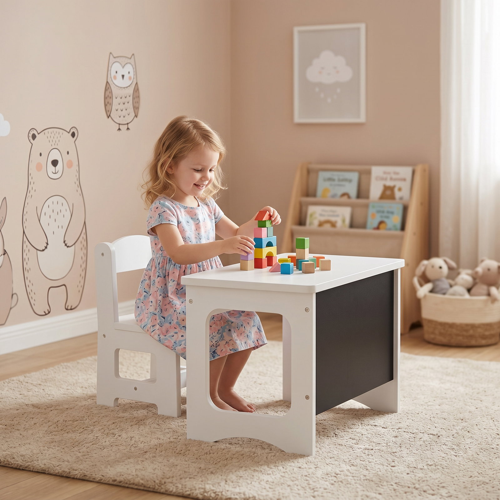 Mesa infantil com cadeira tampo reversível mesa e cadeira infantil com lousa para desenho crianças 3-6 anos branco