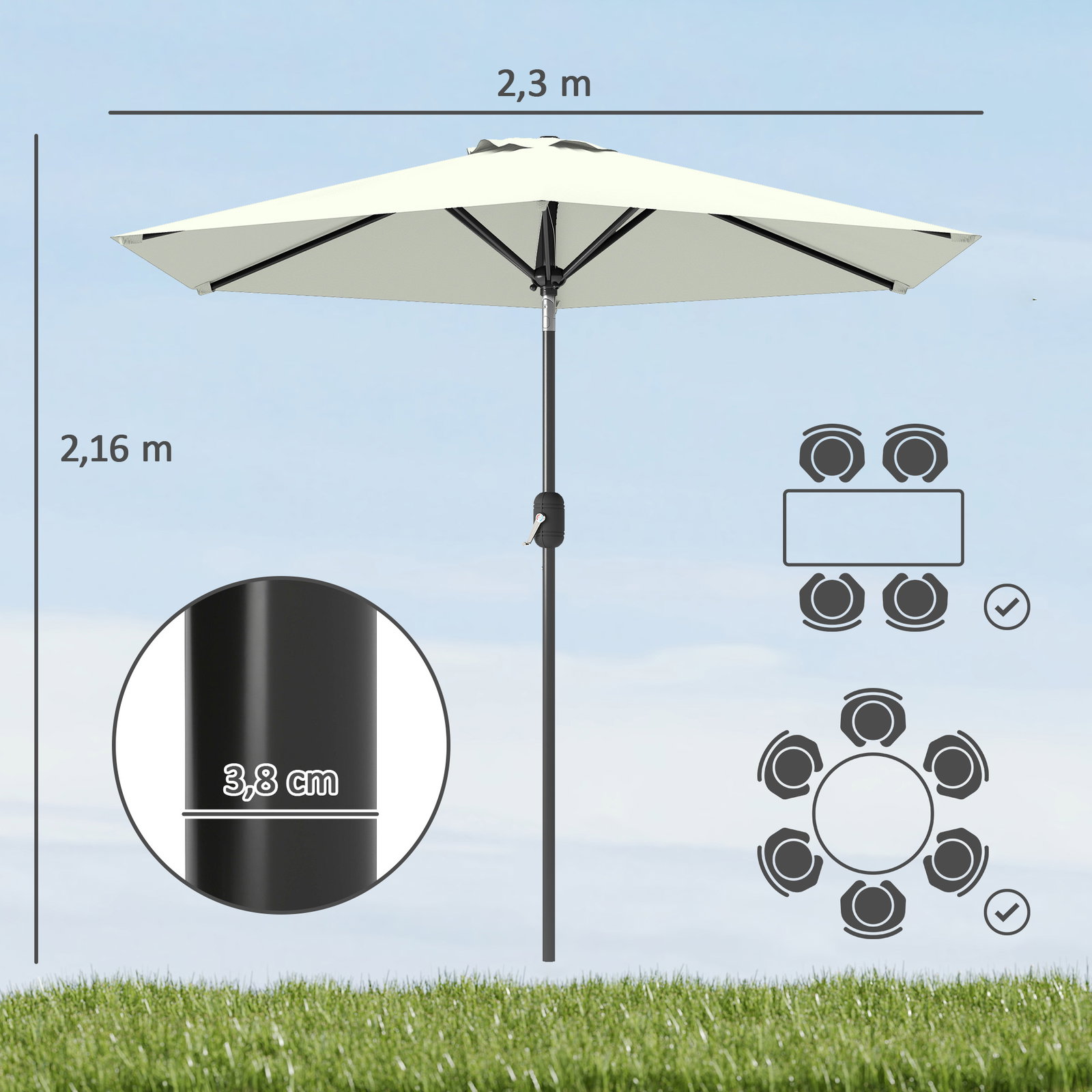 Chapéu de sol de jardim ø230x216 cm com teto ajustável abertura manual impermeável para terraço pátio piscina praia creme