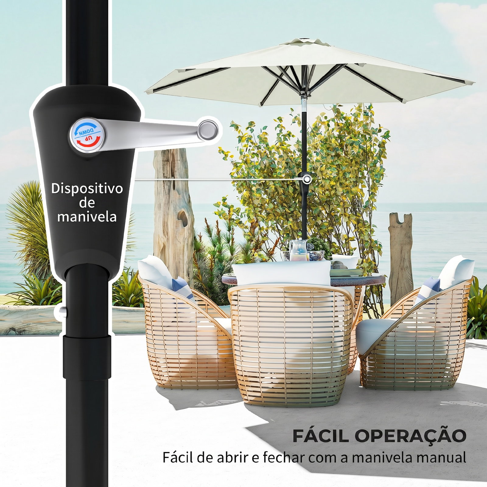 Chapéu de sol de jardim ø230x216 cm com teto ajustável abertura manual impermeável para terraço pátio piscina praia creme