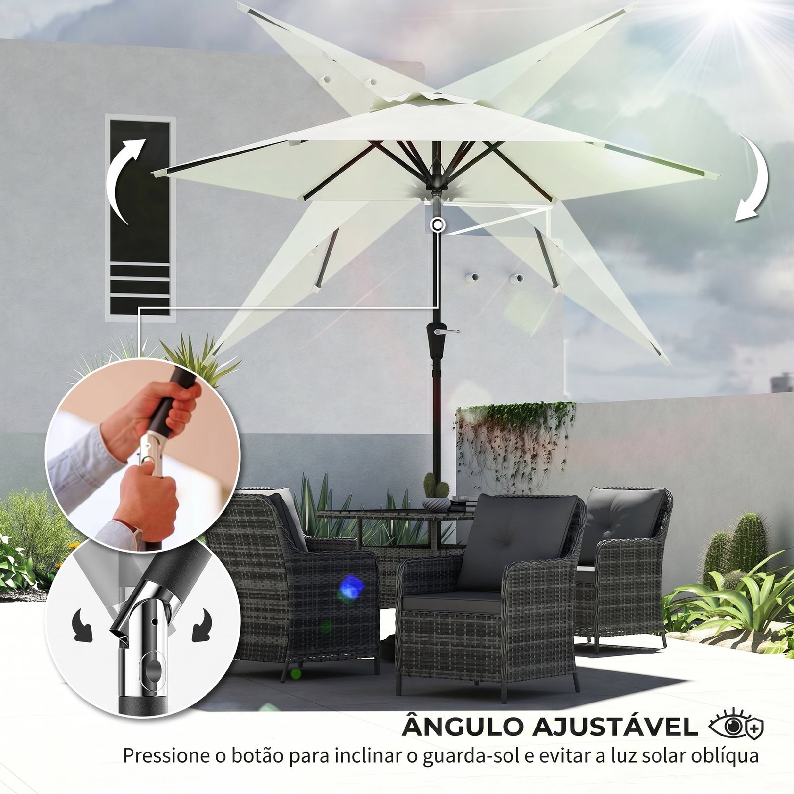 Chapéu de sol de jardim ø230x216 cm com teto ajustável abertura manual impermeável para terraço pátio piscina praia creme